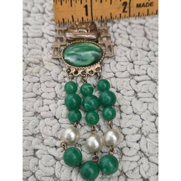 Vtg Gold Tone Buddha Green Beaded Statement Fringe Brooch Pin - Picture 7 of 9